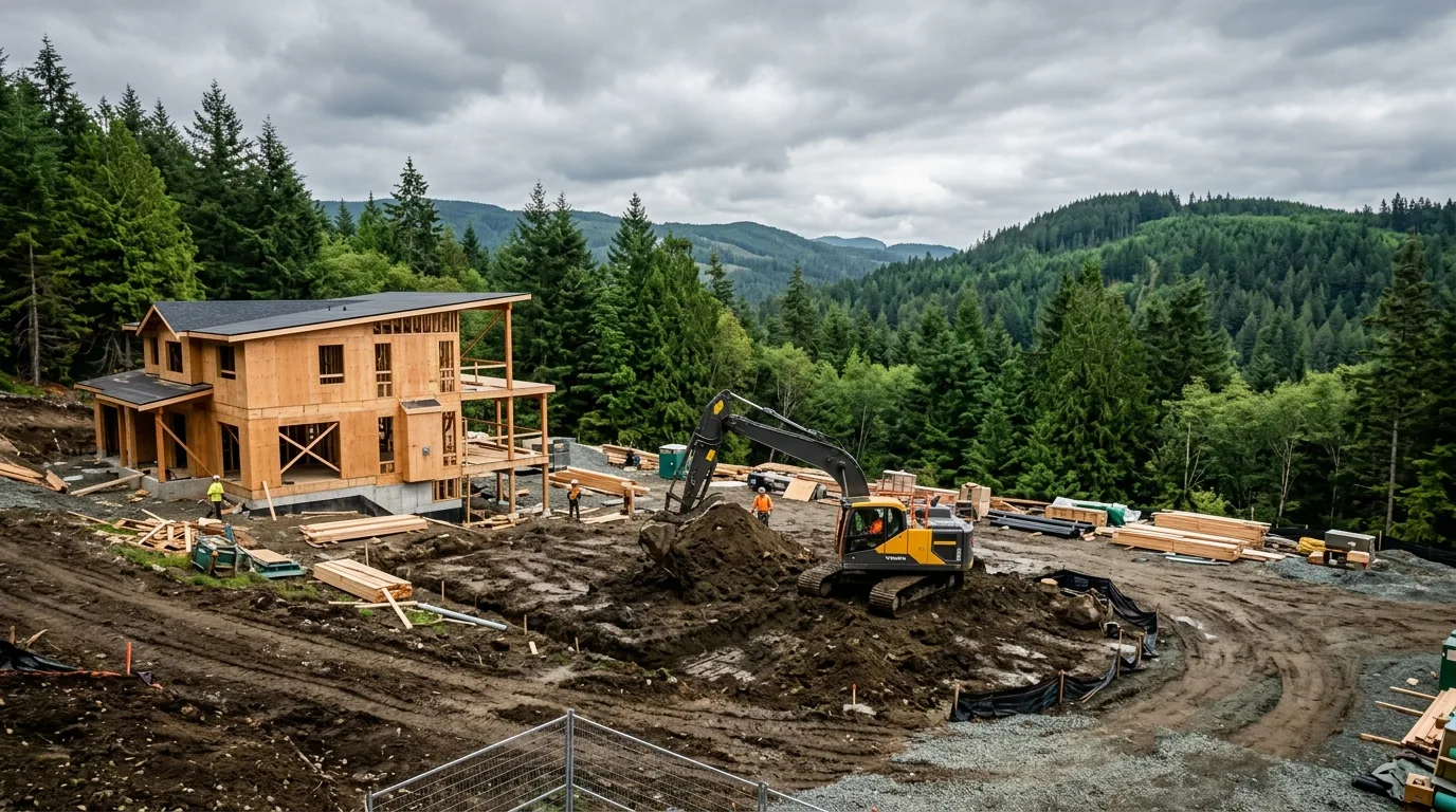 Excavator working on a residential building site with forested hills behind