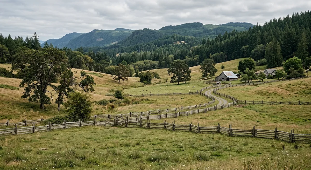 Rolling rural farmland and hobby farm fields typical of the Cobble Hill area BC