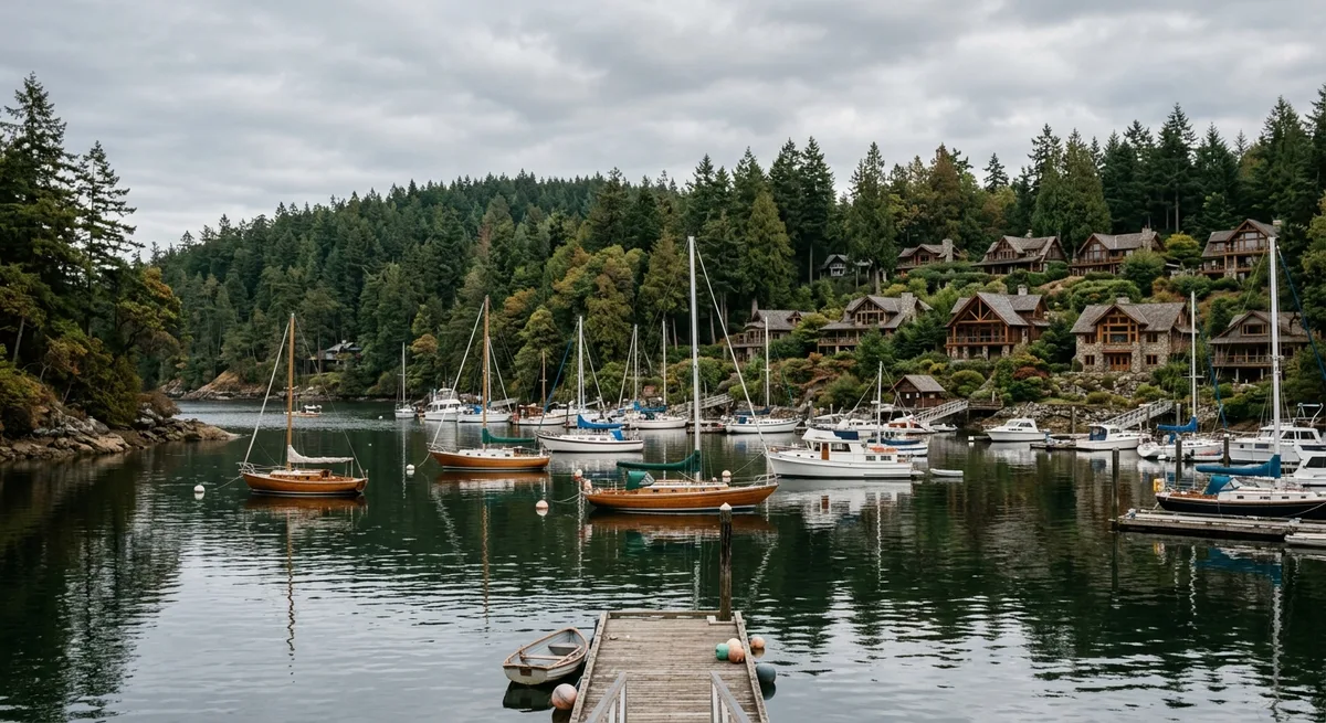 Sheltered coastal bay with moored boats and a wooded shoreline near Cowichan Bay BC