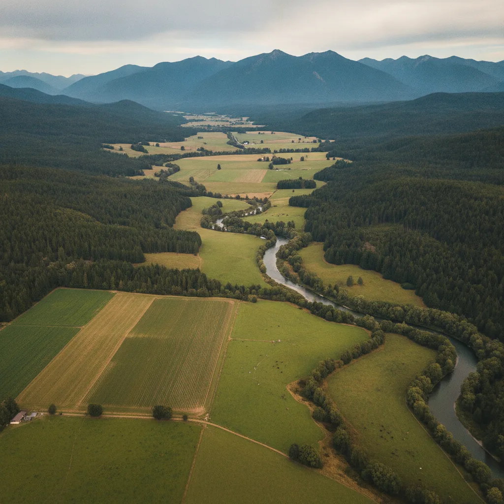 Aerial view of farmland, a winding river, and forested hills in the Cowichan Valley