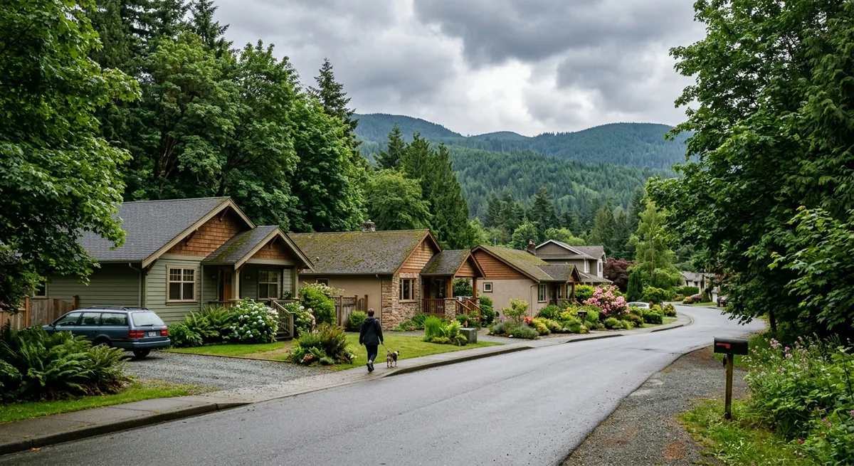 Quiet residential street lined with mature trees and forested hills beyond, Duncan BC