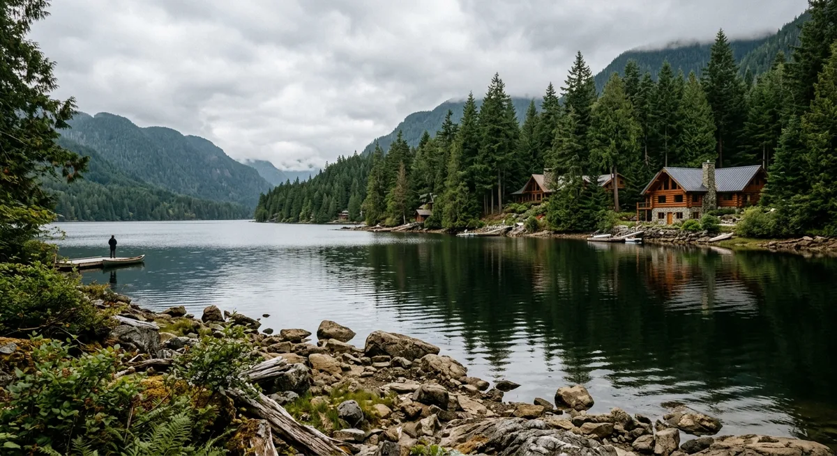 Forested lakeshore with tall evergreens and homes among the trees, Lake Cowichan BC