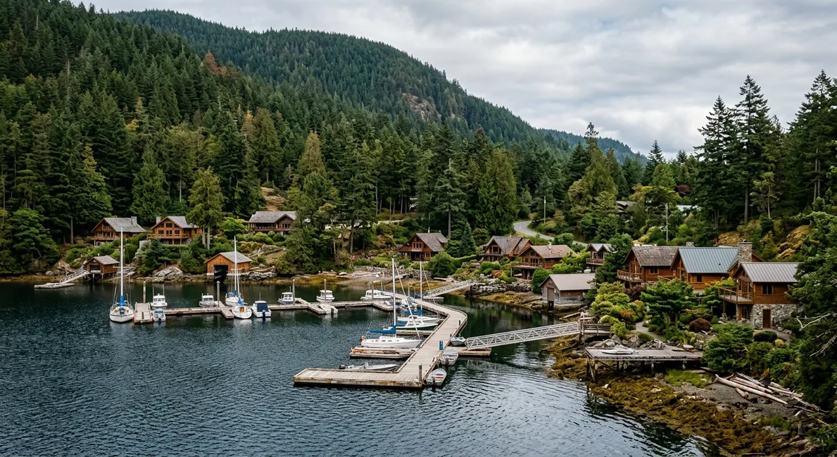 Sheltered forested bay with a small marina and steep evergreen hillside, Maple Bay BC