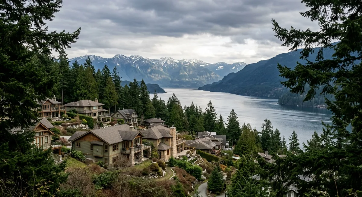 Hillside homes overlooking a wide ocean inlet with mountains beyond, Mill Bay BC