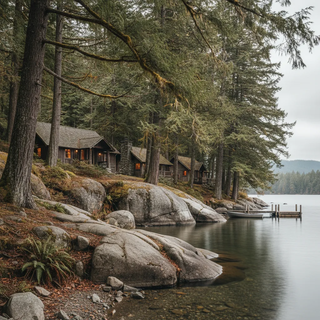 Forested lake shoreline with exposed grey bedrock outcrops near Shawnigan Lake BC