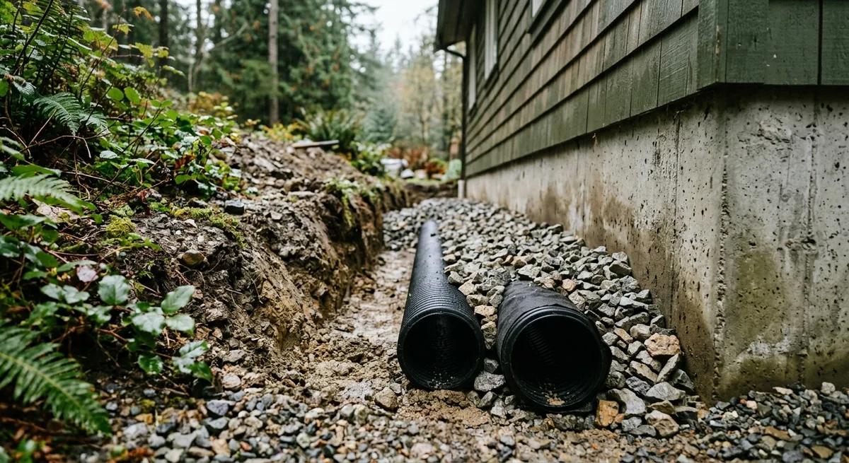 Perforated drainage pipe bedded in drain rock in a trench beside a foundation wall