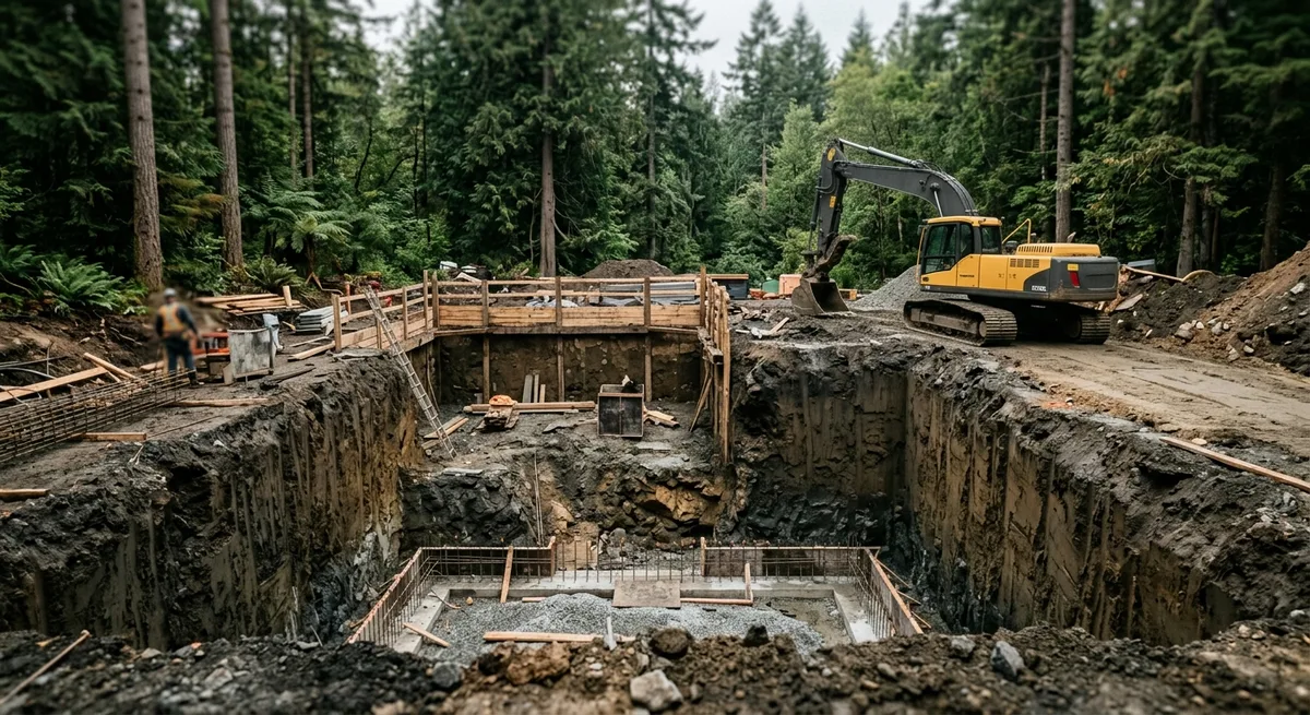 Deep rectangular basement excavation with clean cut walls and an excavator alongside