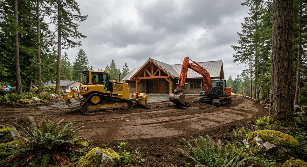 Dozer and excavator levelling and shaping the soil of a residential yard