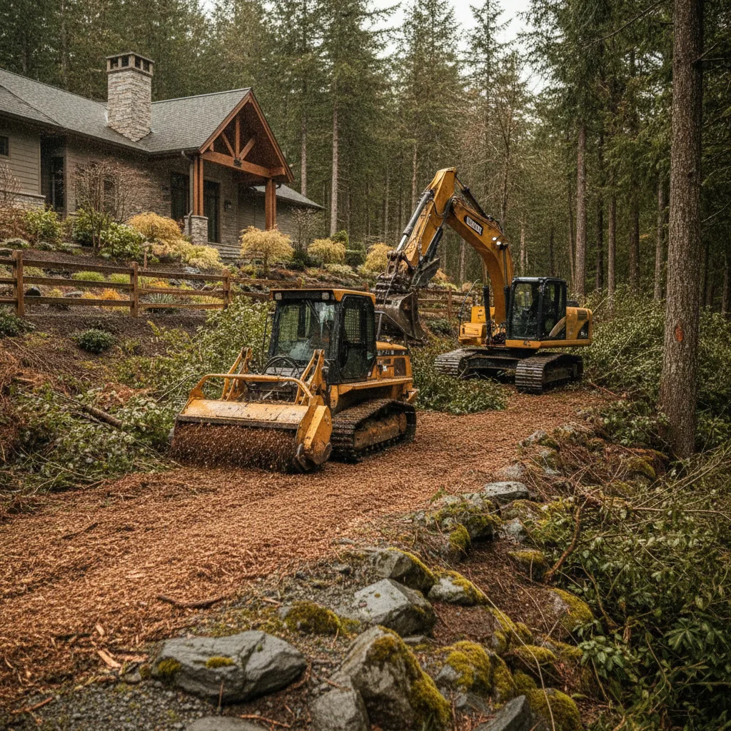 Tracked mulcher and excavator clearing brush at the edge of a forested property