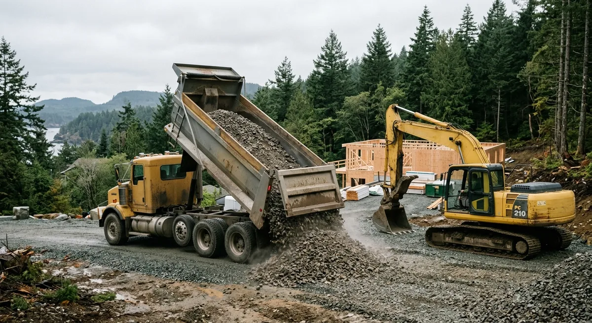 Dump truck unloading crushed gravel at a residential construction site