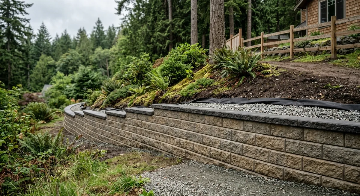Newly built engineered block retaining wall with drainage gravel behind the top course