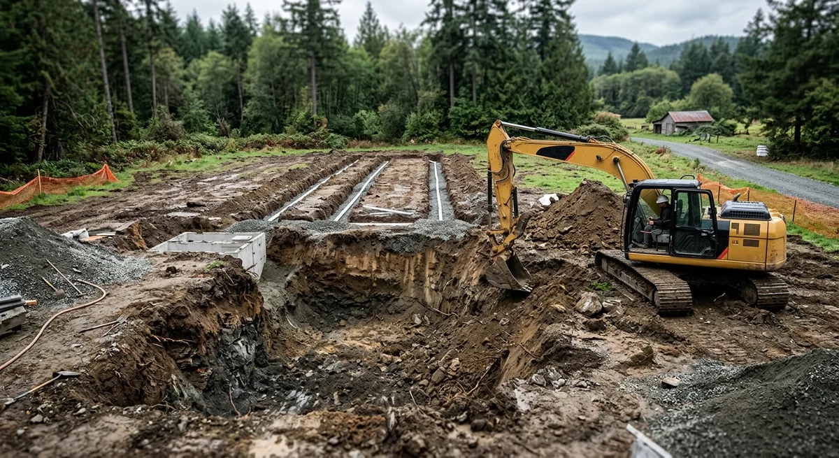 Open excavation for a septic tank and distribution field on a rural acreage property