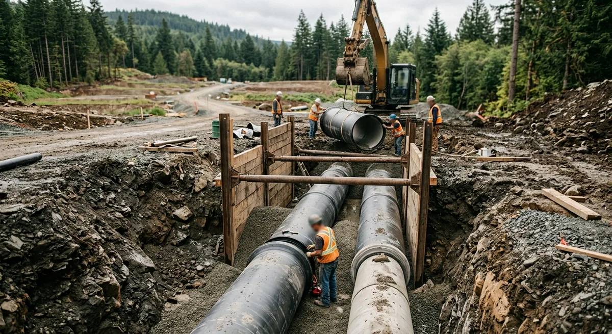 Large water and sewer pipes being laid in an open bedded trench